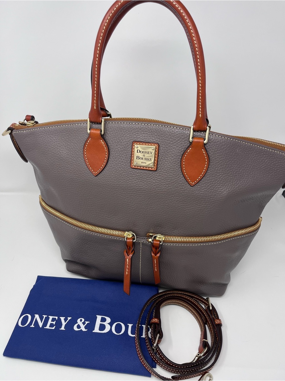 Dooney & Bourke Elephant Pebbled Leather Satchel with Tan Trim